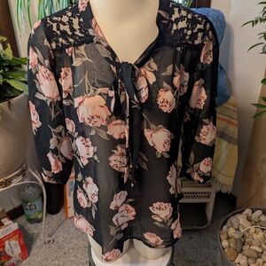 NWT Live4Truth Black Chiffon Tie neck Blouse Lace Shoulders Back Sz  Sm